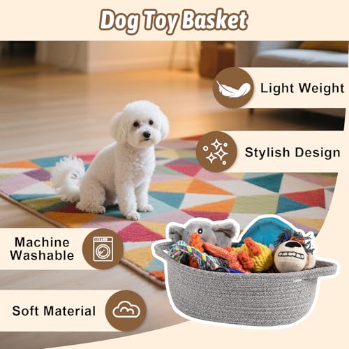 Image of OIAHOMY Small Woven Basket with Gift Bags, Ribbons & DIY Label Card, Baskets for Gifts Empty, Small Rope Basket 12 * 8 * 5IN, Cute Decorative Baskets with Handles for Baby Pets, Toys, Grey