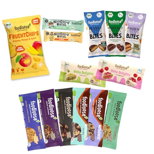 foodloose Kennenlernpaket | Vegane Süßigkeitenbox mit 14 verschiedenen Bio-Snacks | Leckerer Mix aus Nussriegeln, Nut Butter Bites, White Delights, Fruchtchips und Creme-Riegeln