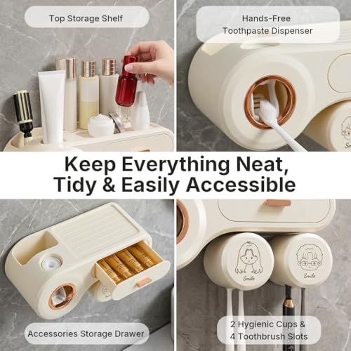 Image of HASTHIP Tooth Brush Holder Bathroom with Toothpaste Dispenser, Wall Mounted Storage Shelf with Drawer & 2 Cups, Adhesive Installation, PP Cosmetic Holder, Toothbrush Holder