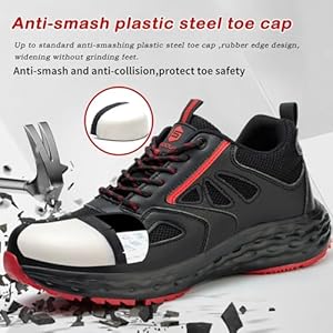 Werkschoenen Heren Veiligheidsschoenen Dames Kunststof staal Lichtgewicht Ademende Antislip Beschermende Schoenen Sneaker Zwart rood EU 48