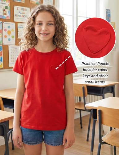 Image of Noomelfish Girls Short Sleeve Heart Pocket T-Shirts Casual Cotton Tee Tops Blouse (5-12 Years)