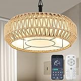 HEMLDAN Twine Caged Ceiling Fan with Fabric Shade 20' Drum Modern Coastal Natural Hand-Woven Chandelier Fan for Dining Room, Bedroom, Smart App/FCC Remote Control, Italian Design, Adjustable (Twine)