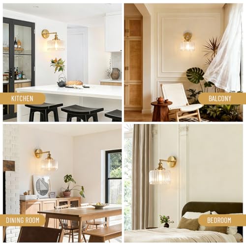 Image of Vanity Lights for Bathroom Mid Century Wall Sconce Light Fixture with Clear Glass Shade 90 Degree Adjustable Gold Brass Finish Hardwired Vintage Wall Lighting for Over Mirror Bedroom