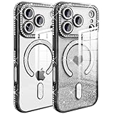 YUYIB スマホケース 対応 iPhone 17 Pro Max ケース MagSafe対応 クリア メッキ加工 ドリル ハートシール きらきら ブリンブリン かわいい おしゃれ 軽量 薄型 衝撃吸収 女性 ストラップ穴あり アイフォン17プロマックス 磁気ケース (ブラック)