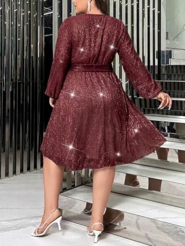 Image of RED DOT BOUTIQUE 876 - Plus Size Elegant Sheer Sleeve Dress with Waist Sparkle Chiffon Mesh Cocktail Dress