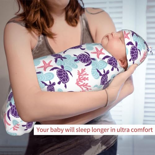 Image of Sea Turtle Ocean Coastal Newborn Swaddle Blankets Baby Stuff Soft Swaddling Blanket with Beanie Sets Gifts For Infant Boys Girls