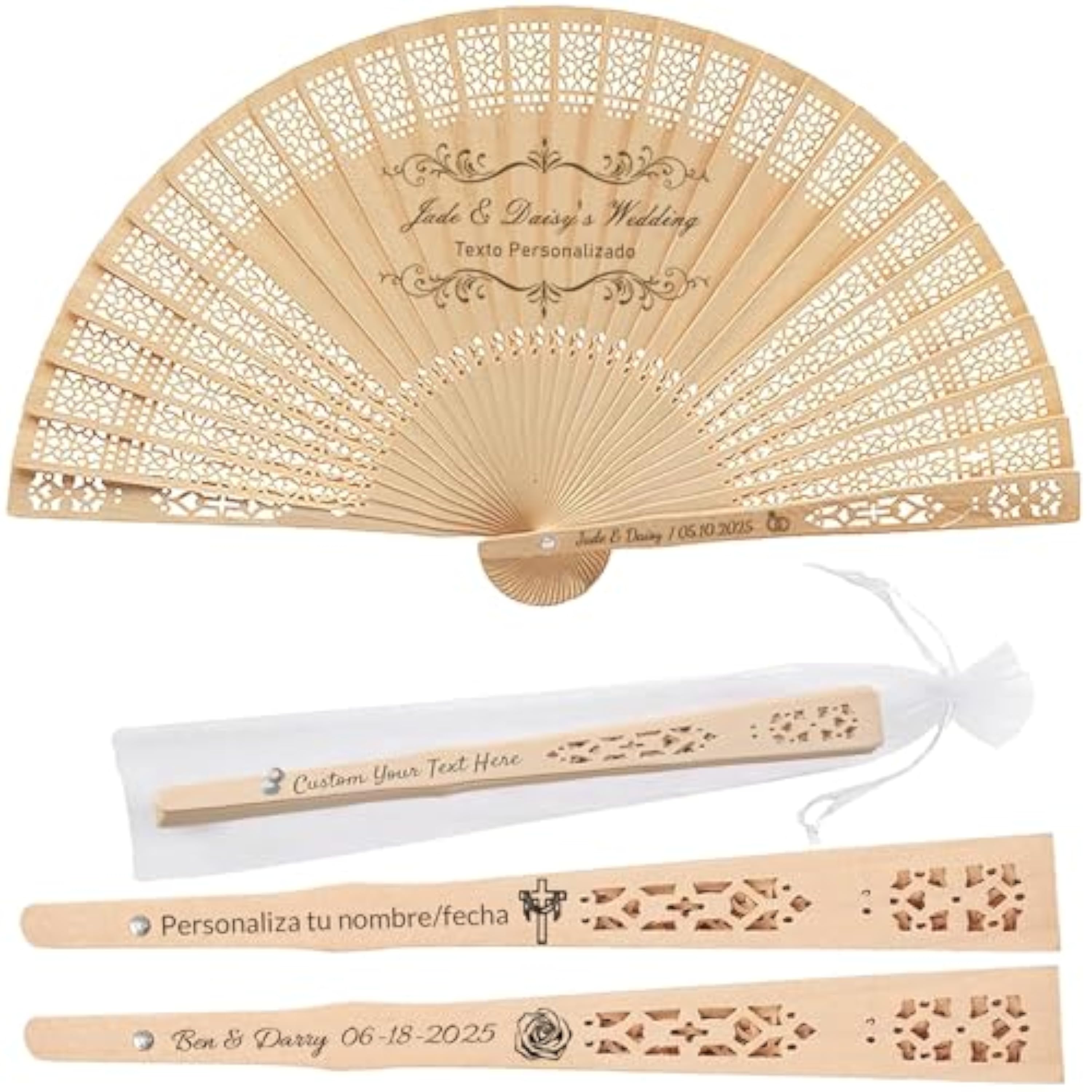 Abanico de Boda Personalizados, Abanicos Boda para Invitados Abanicos de Madera Personalizados con Nombre Grabado, Abanico para Bodas Eventos y Decoración Bautizo (10)