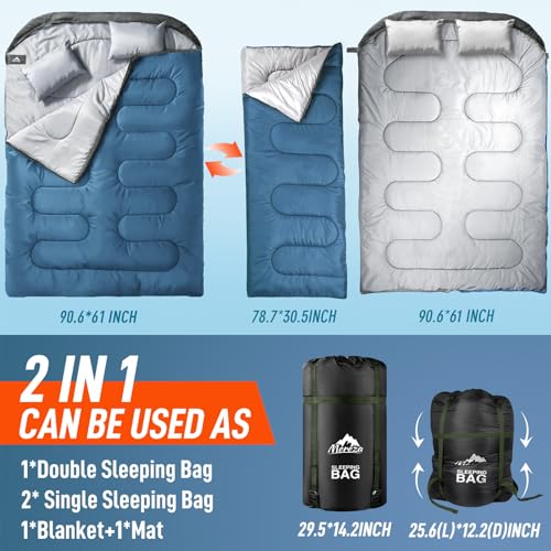 Image of MEREZA Double Sleeping Bag for Adults Mens with Pillow, XL Queen Size Two Person Sleeping Bag for All Season Camping Hiking Backpacking 2 Person Sleeping Bags for Cold Weather & Warm