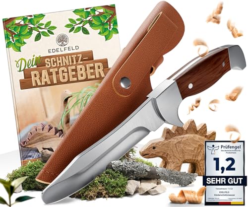 EDELFELD - Das Original - Schnitzmesser Kinder ab 6 Jahre - Sicheres Taschenmesser Kinder mit Fingerschutz - Schnitzmesser für Links- & Rechtshänder - Kinderschnitzmesser inkl. Scheide & Schnitzbuch