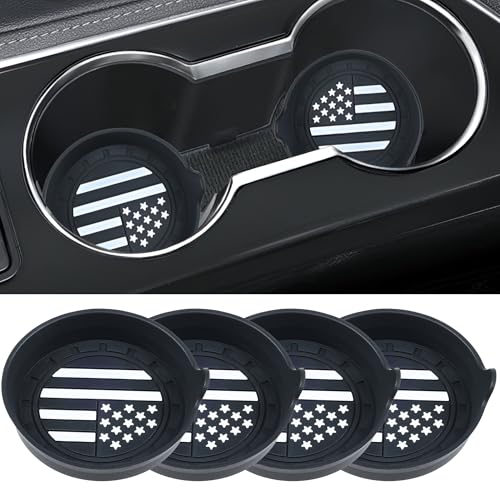 Image of Amooca 4-Pack Car Cup Coaster Silicone Spill-Proof Cup Holder Inserts | Universal Fit Most Car SUV Truck, Deep Cup Design, Heat Resistant, Easy Clean, Car Interior Accessories, US Flag Black