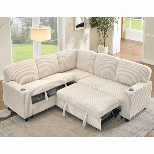 Consejos para Comprar Sofa Cama Esquinero al mejor precio. 43 Sofá seccional de pana en forma de L, sofá esquinero, sofá cama convertible simétrico, con sofá cama, portavasos, puertos USB, asiento de almacenamiento para sala de estar,...