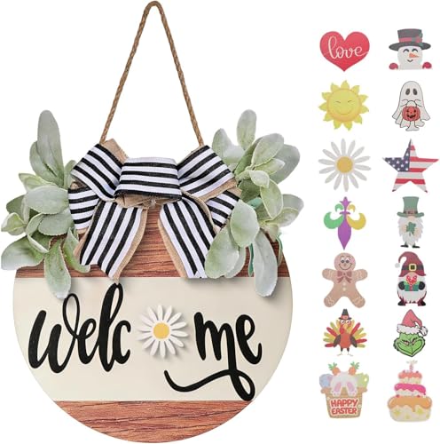 WSTPUPU Interchangeable Seasonal Welcome Sign Front Door Decoration Rustic Round Wood Wreaths for Spring Summer Fall Winter Holidays and Valentines Day