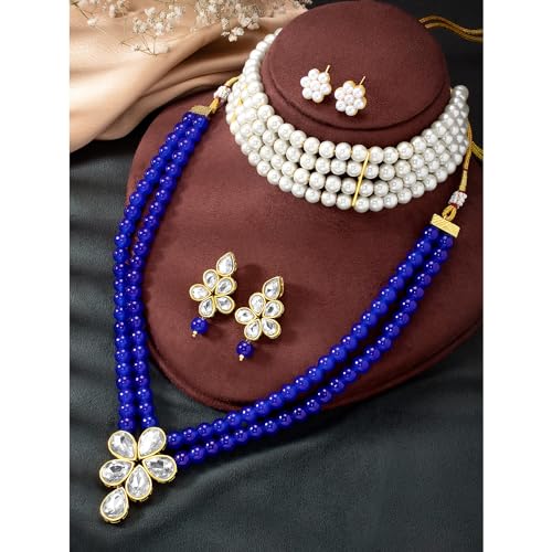 Image of Peora Crystal Faux Pearl Kundan Necklace & Jewellery Set Gift for Women