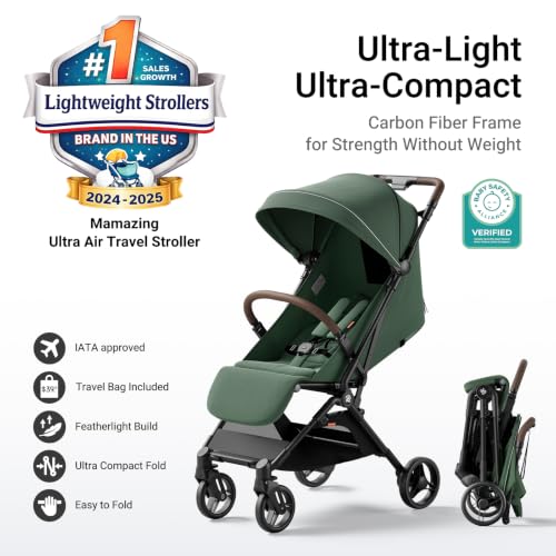 Image of Mamazing Ultra Air Lightweight Baby Travel Stroller with Carbon Fiber Frame | Compact & Airplane-Friendly, One-Handed Fold, 11.6 lbs, UPF50+ Canopy, Under-Seat Basket, Organizer & Cushion Included, Green