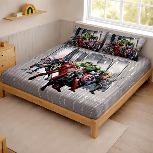 Image of Sassoon Marvel Avengers (Grey) Digital Printed 100% Cotton Bedsheet with 2 Pillow Covers in 300TC