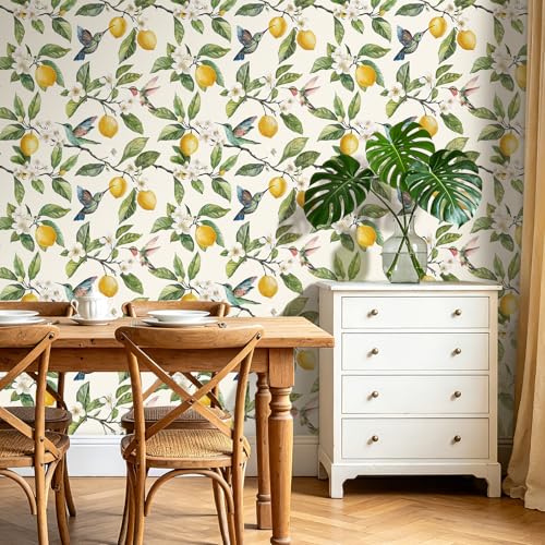 ReWallpaper Tapeta w stylu wiejskim, kwiaty, ptaki, folia kuchenna, samoprzylepna, 44,5 cm x 7 m, tapeta samoprzylepna, ściana beżowa, do jadalni, na ścianę schodów, vintage, folia meblowa, stół z