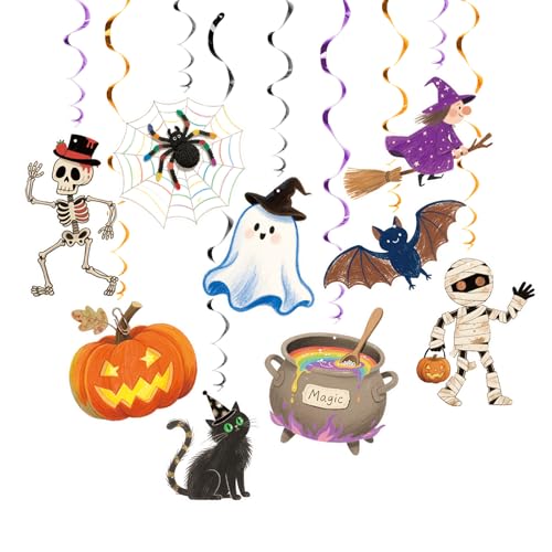 Image of Halloween Hanging Party Decorations, 48 Pcs,Ceiling Decor Indoor Swirl Witches Cauldron Ghost Pumpkin Skull Cat Witch Party Supplies Sign,Black Purple Orange