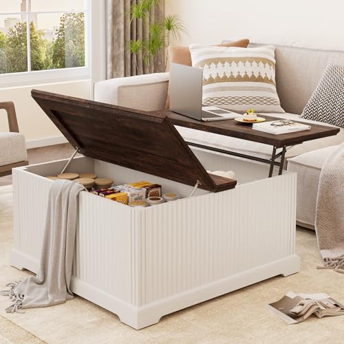Small Space Lift Top Coffee Table with Hidden Storage, Multi-Use Center Table for Living Room, Work, Dining & Storage, Modern Square Design, Antique White