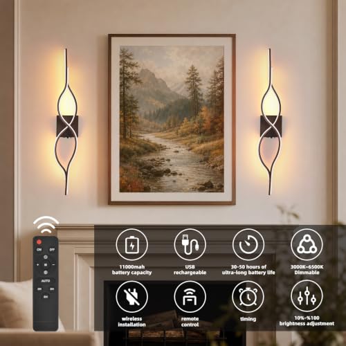 Image of Battery Operated Wall Sconces Set of 2, Walnut 31.4'' LED Dimmable Wall Sconce with Remote Control, Adjustable Color Temperature Brightness for Living Room Bedroom and Hallway Rechargeable Lighting