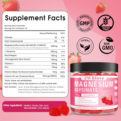 Magnesium Glycinate Gummies 400mg, Strawberry, Zinc, Sugar Free, 90 Count - image 2