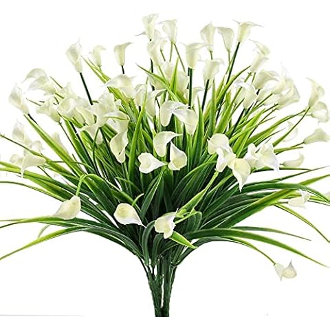 Doolitt Artificial Flowers, Artificial Plants Outdoor 6 Plastic Flowers Fake Calla Lily Artificial Plants Anti-Ultraviolet Greening Garden Home Decoration (White Cover