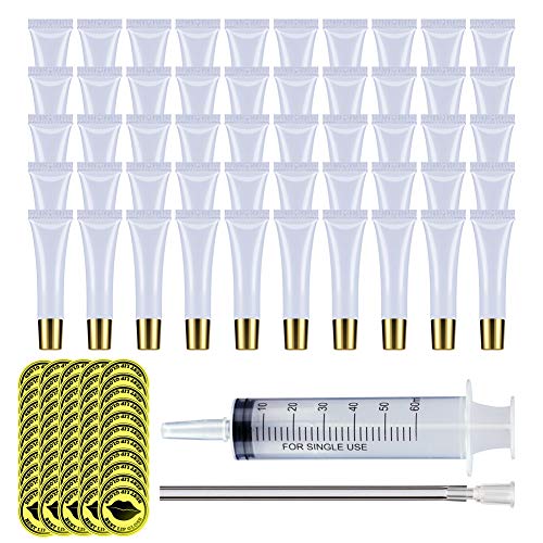 50Pcs Lip Gloss Tubes, 10ml Empty Lip Balm Containers with Gold Lid, Lip Tubes Kit Include 1 Syringe for Lip Gloss 50 Labels and 2 Mini Funnels, DIY Your Own Lipstick