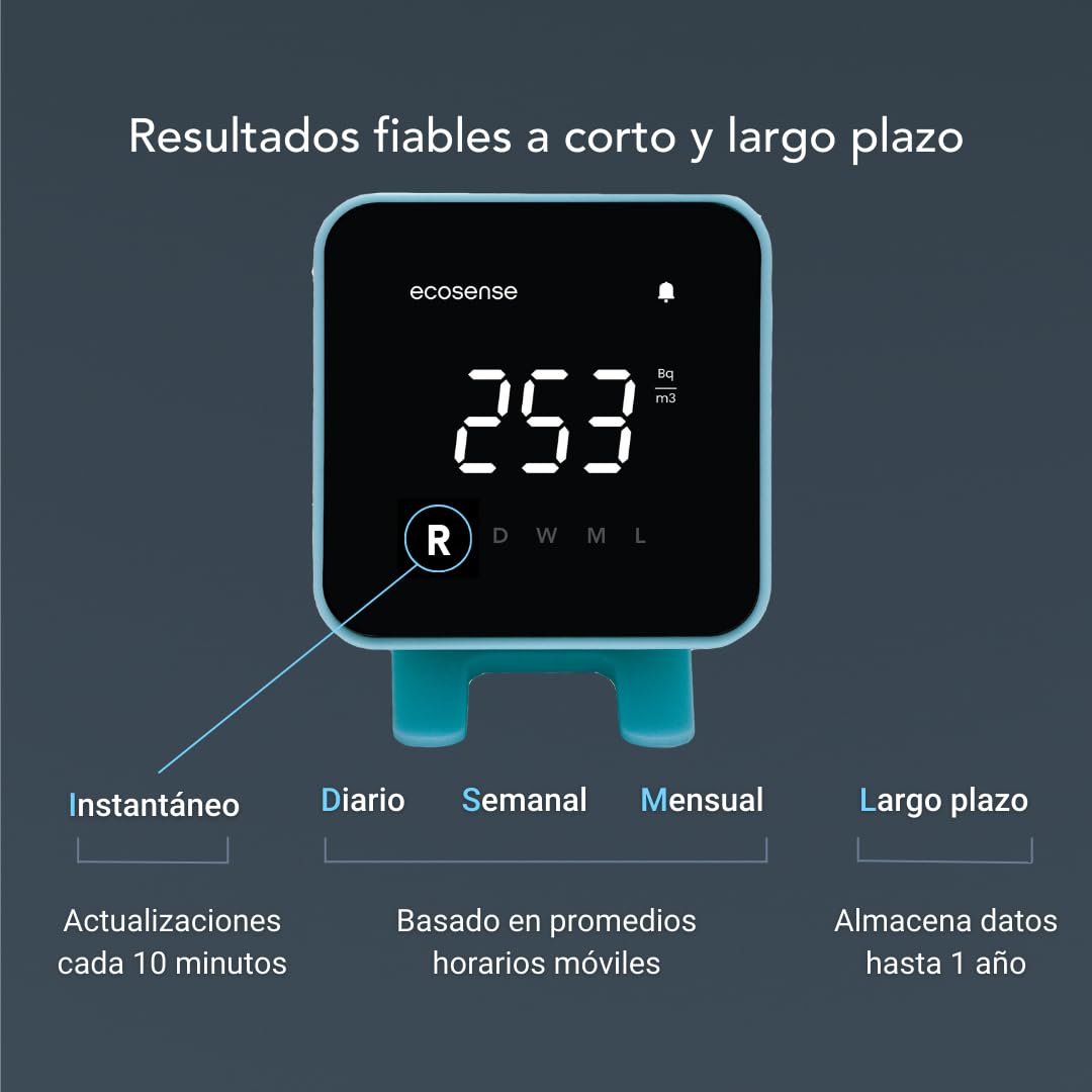Ecosense EB100 EcoBlu, Detector de radón doméstico, captura y visualización de resultados cada 10 minutos, monitoreo continuo a corto y largo plazo, fácil de usar