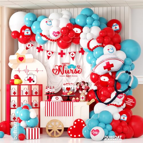 142Pcs Nurse Party Decoration Nurse Graduation Week Red White Blue Balloons for Nurse Graduation Nurse Party Decoration Supplies