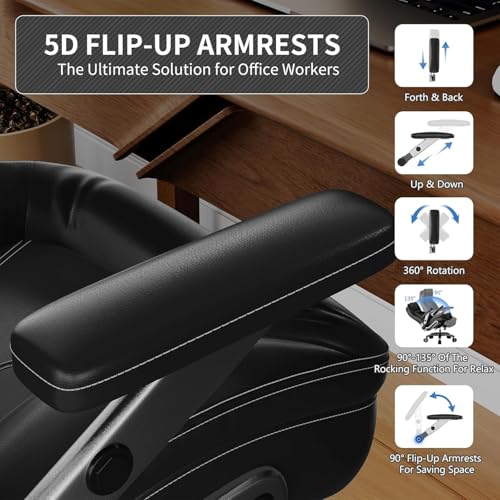 Image of Big and Tall Office Chair, 600lbs Heavy Duty Desk Chair with 5D Arms, Adjustable Lumbar Support & Height, Tilt Function, PU Leather High Back Ergonomic Executive Computer Chair