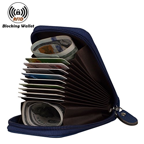 Image of Credit Card Case Organizer Genuine Leather Zip-Around Security Wallet Blue