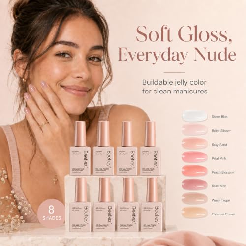Image of Beetles Jelly Gel Nail Polish Set, 8 Colors Nude Pink Gel Polish | Milky White Neutral Sheer Gel Nail Kit Translucent Effect French Nail Art Nail Concealer Soak Off UV Manicure Gift for Women