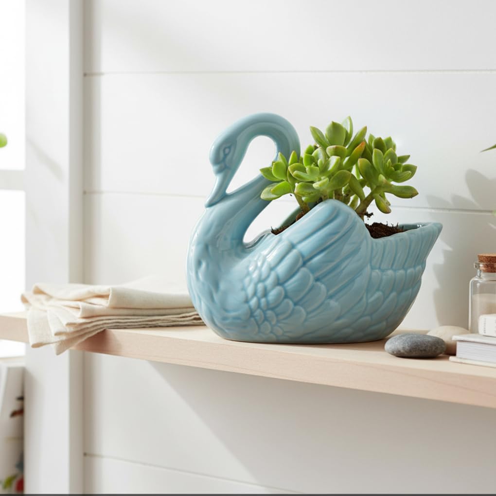 Aetherize Swan Planter, Ceramic Swan Vase with Drainage Hole for Succulents, Decorative Indoor & Outdoor Desktop Planter Home Decor, Blue, Indoor Use