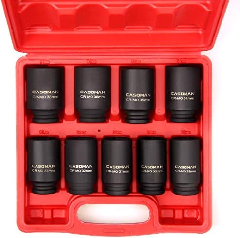 CASOMAN 1/2- Inch Drive Deep Spindle Axle Nut Impact Socket Set, 6 Point, CR-MO, Metric, 29mm-38mm, 9-Piece 1/2" Dr. Deep Impact Socket Set