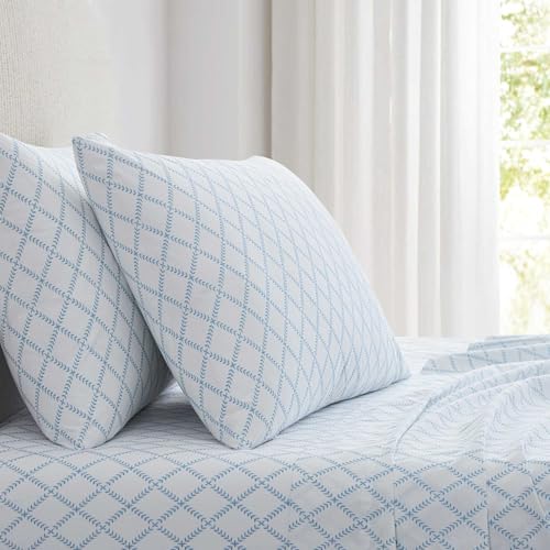 Image of Martha Stewart - Queen Size Sheet Set, Crisp & Tailored Sheets with a Smooth Cotton Percale Feel - Striped Bed Sheets with Matching Pillowcases & Fitted Sheet (Leaf Trellis Blue)