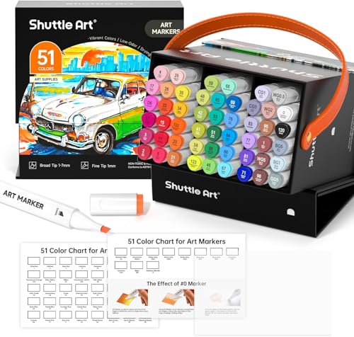 Shuttle Art Rotulador de 51 Colores, 50 Colores más 1 Blender Rotuladores Alcohol Permanent, Rotulador Doble Punta con Estuche Perfecto para Ilustración Adultos Colorear Dibujar y Tarjetería