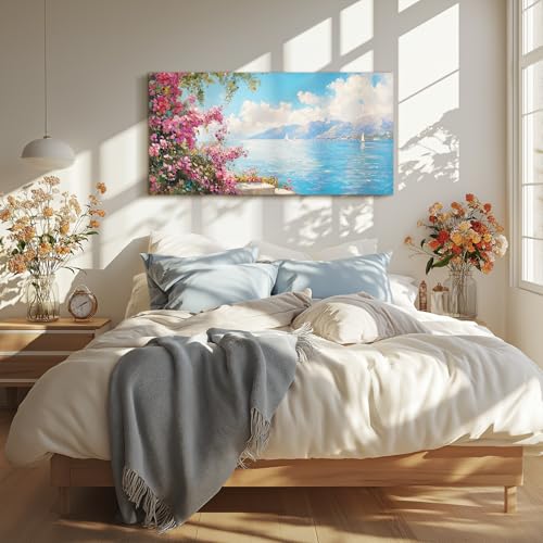 crmotu Coastal Wall Art, Landscape Art Wall Decor, Floral Wall Art, Lake Sailboat Large Artwork, Rustic Pictures Wall Decor Living Room, Bedrooom Art Prints, Cottagecore Peaceful Decoration 24x48inch