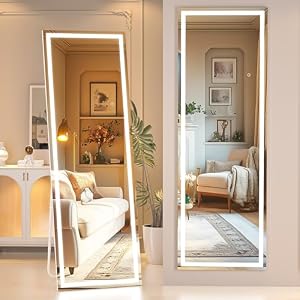 Hasipu Full Length Mirror with Lights, 56″ x 15.8″ LED Floor Mirror, Full Body Dressing Standing, Hanging Mounted Mirror for Living Room Bedroom Cloakroom, Square Black