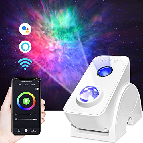 Smart Galaxy Projector App & Voice Controlled Works W. Alexa Silent Rotation Nebula Sky Star Projector Music Sync Auto Timer Night Light For Kids/Room Décor (Wall Mountable, Blue Stars) #TOP16