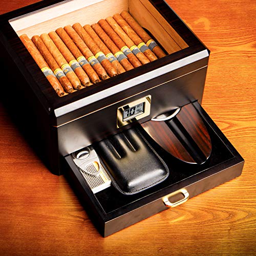 Woodronic Cigar Humidor And Boveda 72% Humidity Packs With Digital Hygrometer, 25 To 50 Count Spanish Cedar Lined Cigar Box With Cedar Divider And Storage Accessory Drawer, Great Gift For Fathers #TOP3