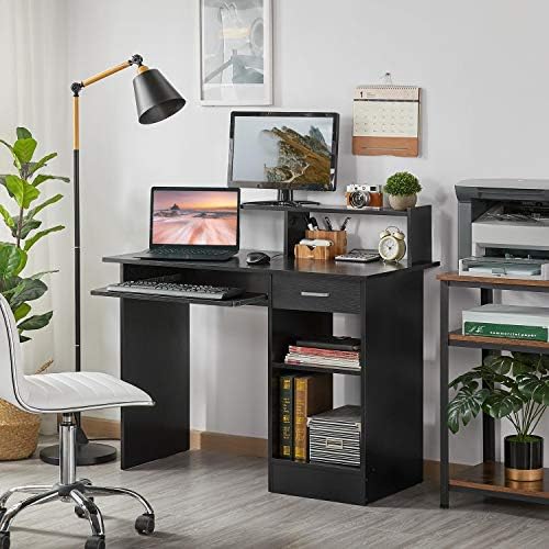 Yaheetech Office Computer Desk with Drawers Storage Shelf Keyboard Tray, PC Laptop Study Workstation for Home Office, Living Room, Bedroom, 106x50x94cm(LxWxH), Black
