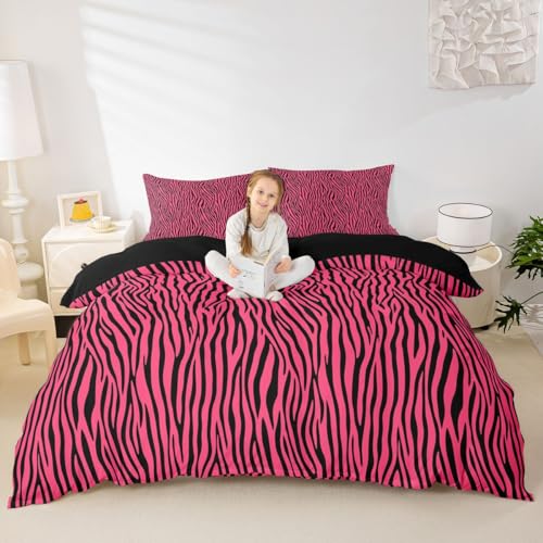 Feelyou Girls Pink Black Duvet Cover Zebra Stripes Bedding Set Safari Animal Print Comforter Cover Boys Girls Kids Room Decor Zoo Animal Fur Print Bed Set Full Size with 2 Pillow Case (No Comforter)