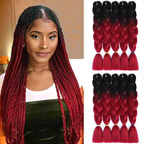 SYbeauty Ombre Braiding Hair 24inch 10Pcs/Lot Kanekalon Braiding Hair Extensions Jumbo Braids Synthetic Hair for Braiding (24", Black-Burgundy)