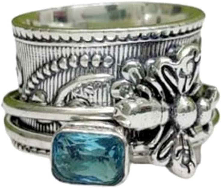 Honey Bee Spinner Band Ring for Women, Handmade 925 Sterling Silver Boho Gemstone Fidget Ring, Meditation Worry Spin Band, Beautiful Gift for Her