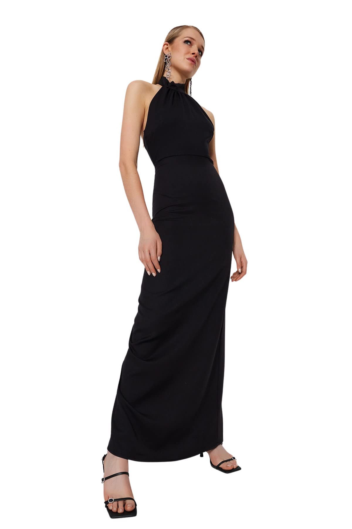 Trendyol Damen Schwarz Women Maxi Shift Fitted Knit Evening Dress Maxi Shift Tailliertes Strick-Abendkleid, Black,