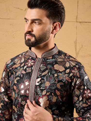 Image of Men's Black Silk Blended Solid Embroidered Long Kurta | Men's Kurtas | Embroidered Kurta's for Men | Straight Fit Kurta for Men