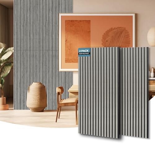Image of AKUMAX Extra-Thick 0.7 inch Wood Slat Acoustic Wall Panels, 2 Pack 47.2 inch x 23.6 inch, 15.5 ft, NRC 0.80 Sound Absorbing 3D Slat Wall Paneling with Real Wood Veneer, E0 MDF and PET Felt, Gray Oak