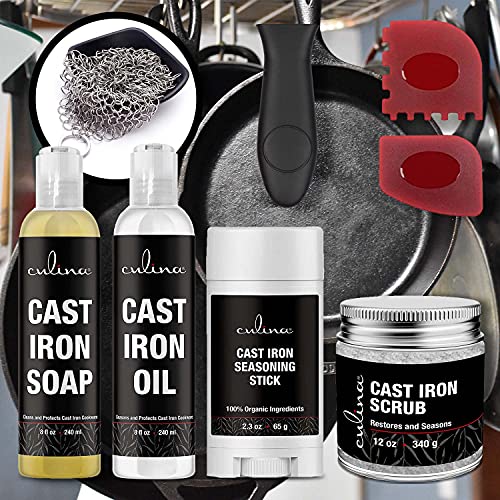 Image of Culina Cast Iron Seasoning Stick Soap Oil Conditioner Restoring Scrub Stainless Scrubber handle and Scraper | All Natural Ingredients | Cast Iron Cookware colors may vary