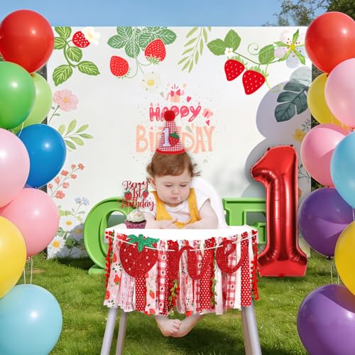 Image of Strawberry Highchair Banner for Girls First Birthday Party Decorations | Berry 1st High Chair Fabric Banner for Sweet One Birthday Backdrop Decorations Strawberry Baby Shower Party Supplies