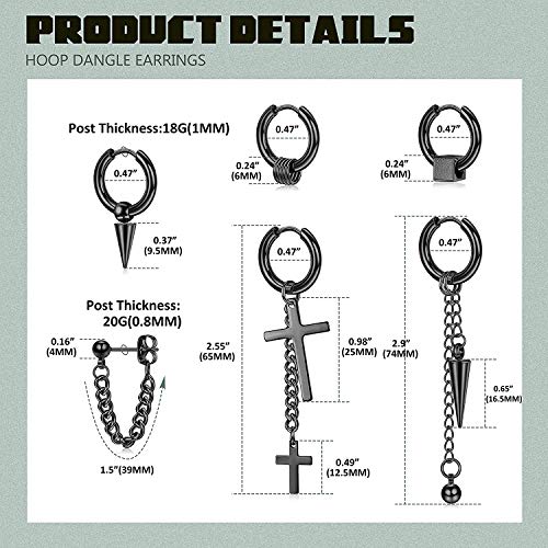 Milacolato 6 paires en Acier Inoxydable 316L Pendantes Boucle Doreille Noir Hommes Femmes Boucles D'oreilles Créoles Balancent Chaîne Punk Gothique Kpop Boucles D'oreilles Unisexe Noir – Image 4