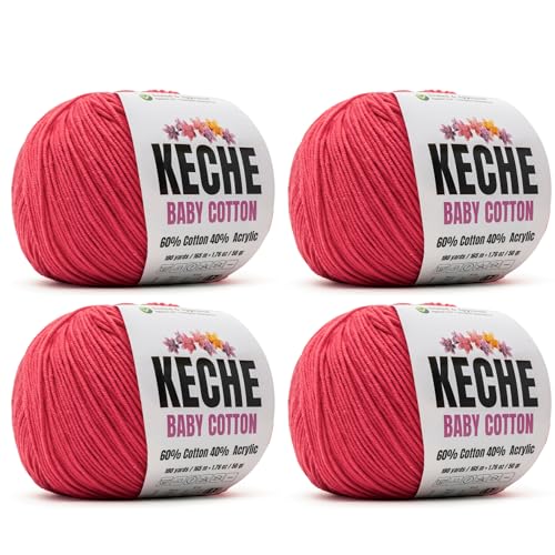 Image of Keche Baby Cotton, 60% Cotton 40% Acrylic Yarn, Soft Cotton Yarn for Crochet and Knitting, Amigurumi Yarn 4 Skeins /Balls [1.76 Oz (50g) / 180 Yrds (165m)] x 4 - Watermelon